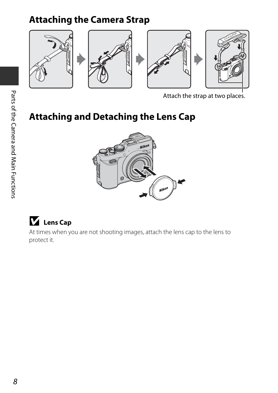 Attaching the camera strap, Attaching and detaching the lens cap | Nikon P7800 User Manual | Page 28 / 270