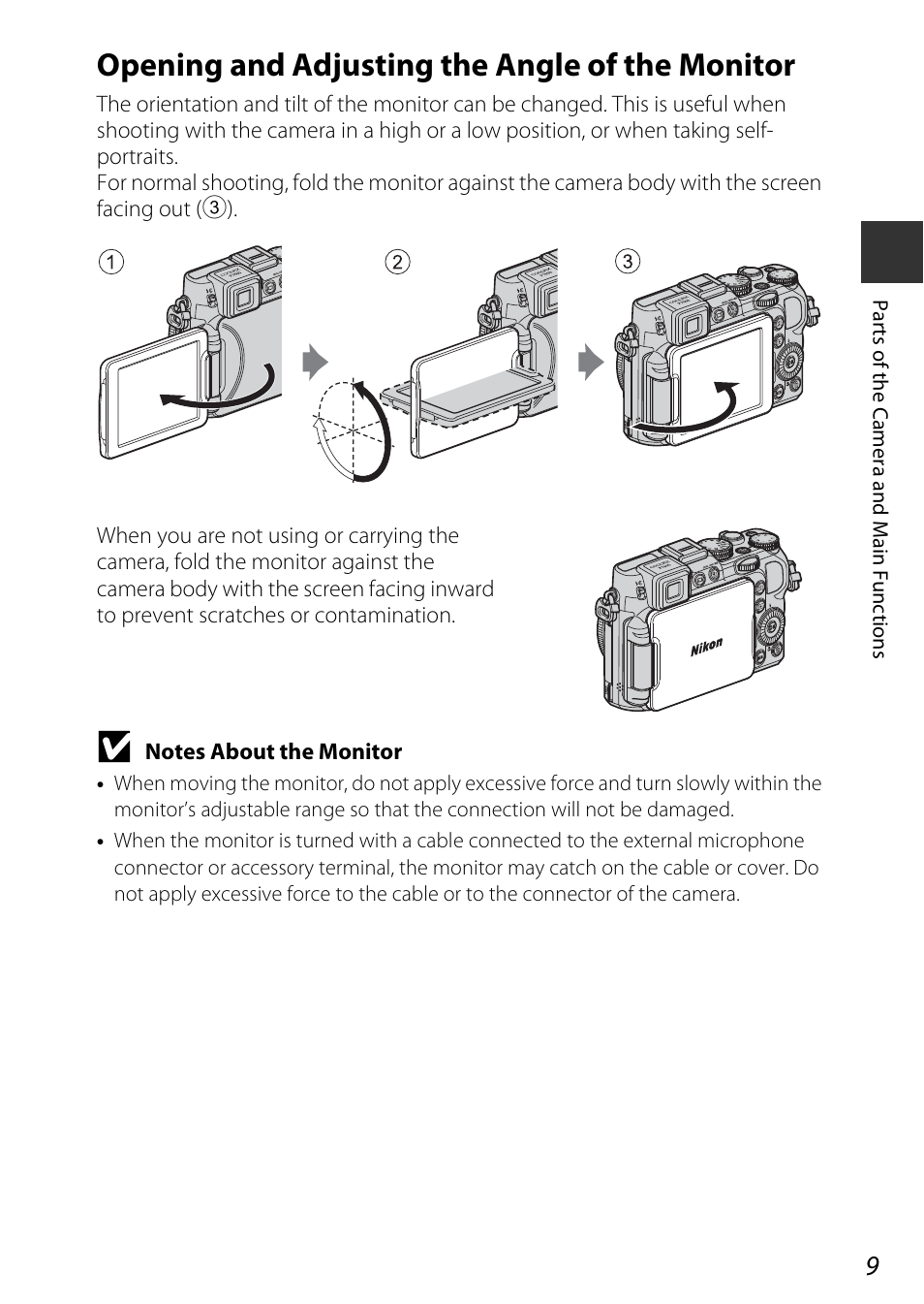 Opening and adjusting the angle of the monitor | Nikon P7800 User Manual | Page 29 / 270