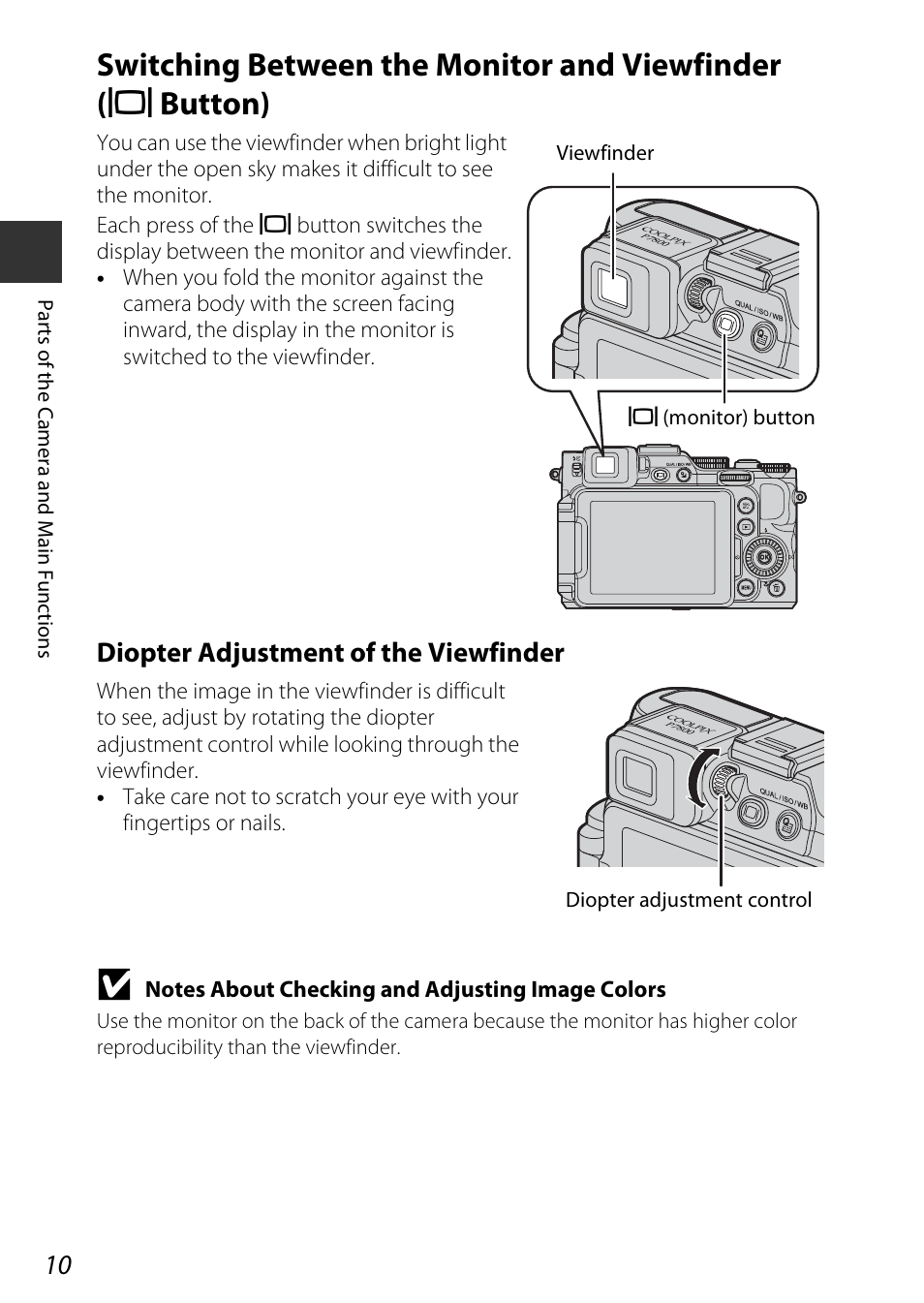 Switching between the monitor and viewfinder, X button), Diopter adjustment of the viewfinder | Nikon P7800 User Manual | Page 30 / 270