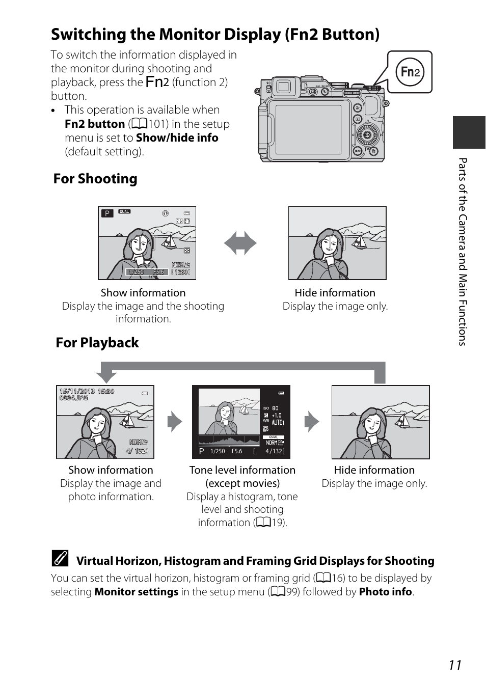 Switching the monitor display (fn2 button), For shooting, For playback | Nikon P7800 User Manual | Page 31 / 270