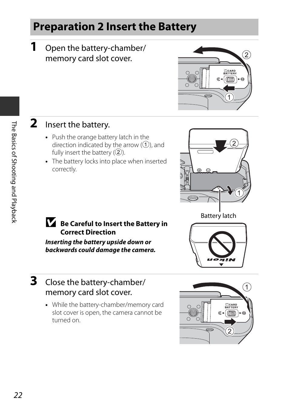 Preparation 2 insert the battery | Nikon P7800 User Manual | Page 42 / 270