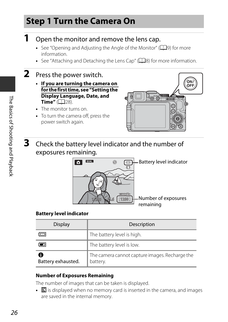 Step 1 turn the camera on, Open the monitor and remove the lens cap, Press the power switch | Nikon P7800 User Manual | Page 46 / 270