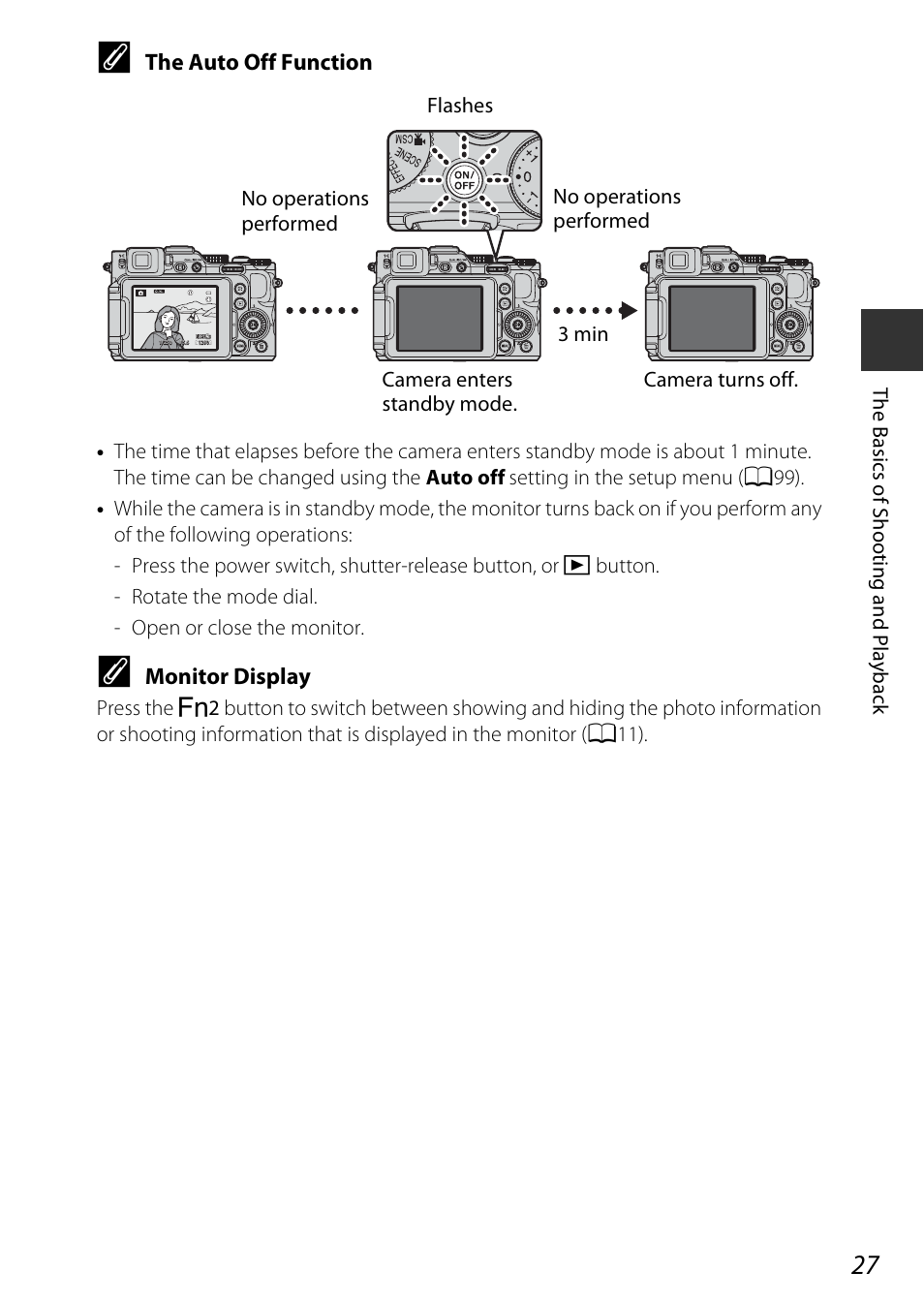 The auto off function, Monitor display | Nikon P7800 User Manual | Page 47 / 270