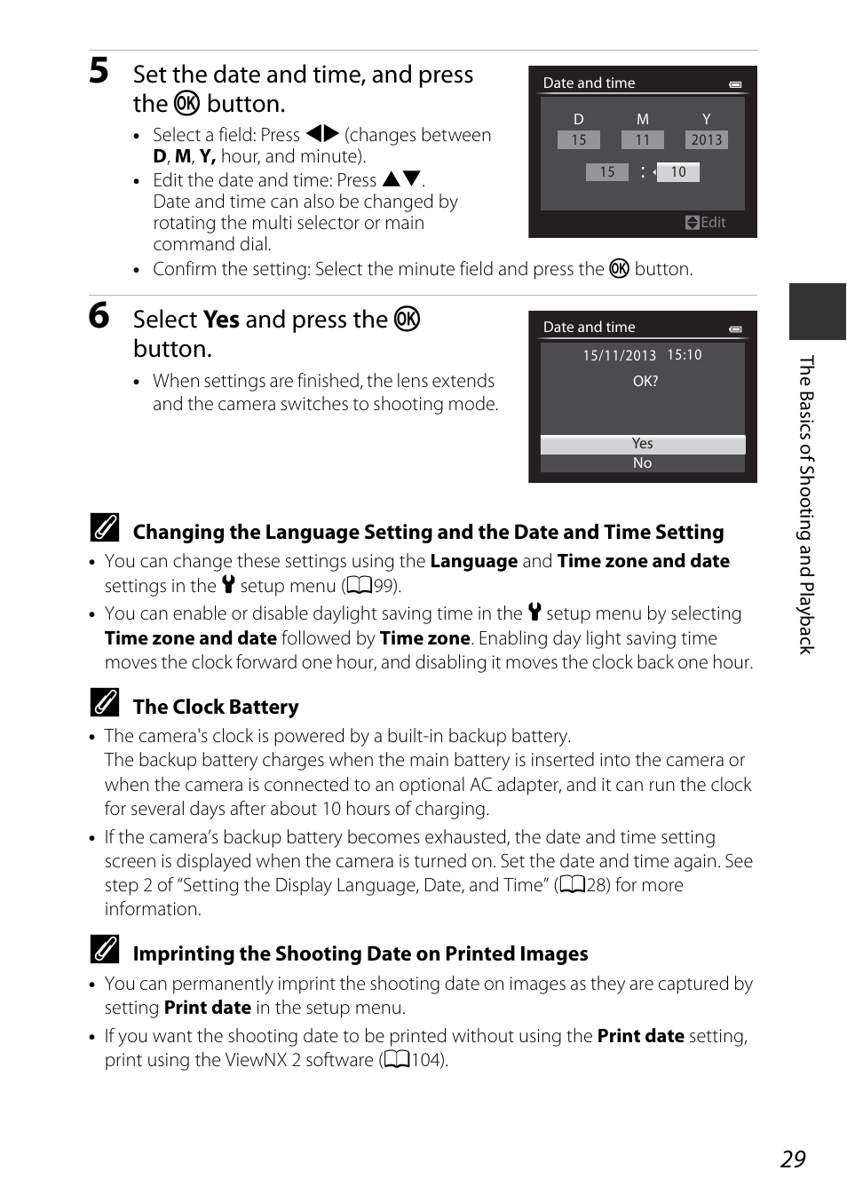 Set the date and time, and press the k button, Select yes and press the k button | Nikon P7800 User Manual | Page 49 / 270