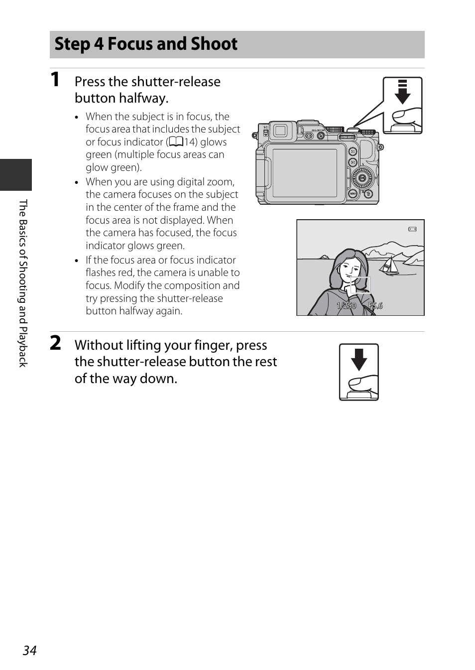 Step 4 focus and shoot, Press the shutter-release button halfway | Nikon P7800 User Manual | Page 54 / 270