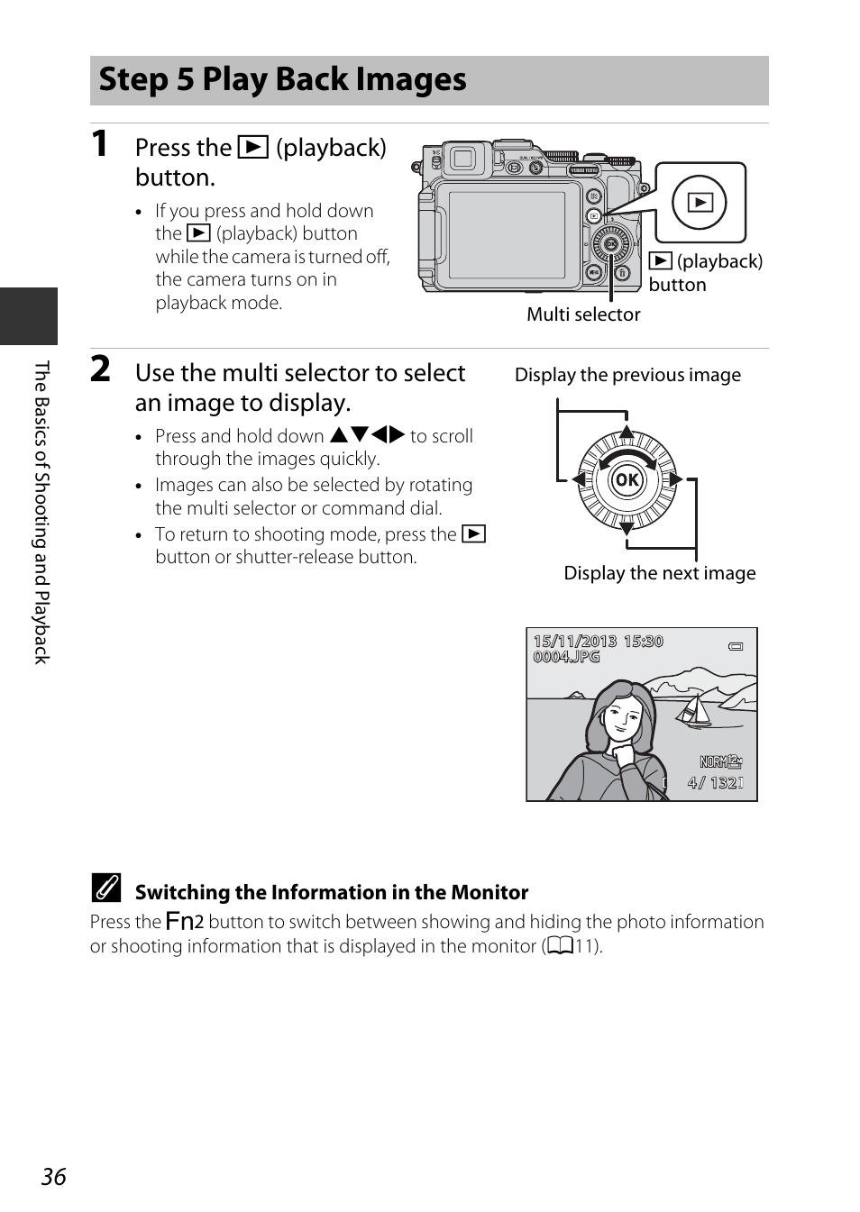 Step 5 play back images, A36), Press the c (playback) button | Nikon P7800 User Manual | Page 56 / 270