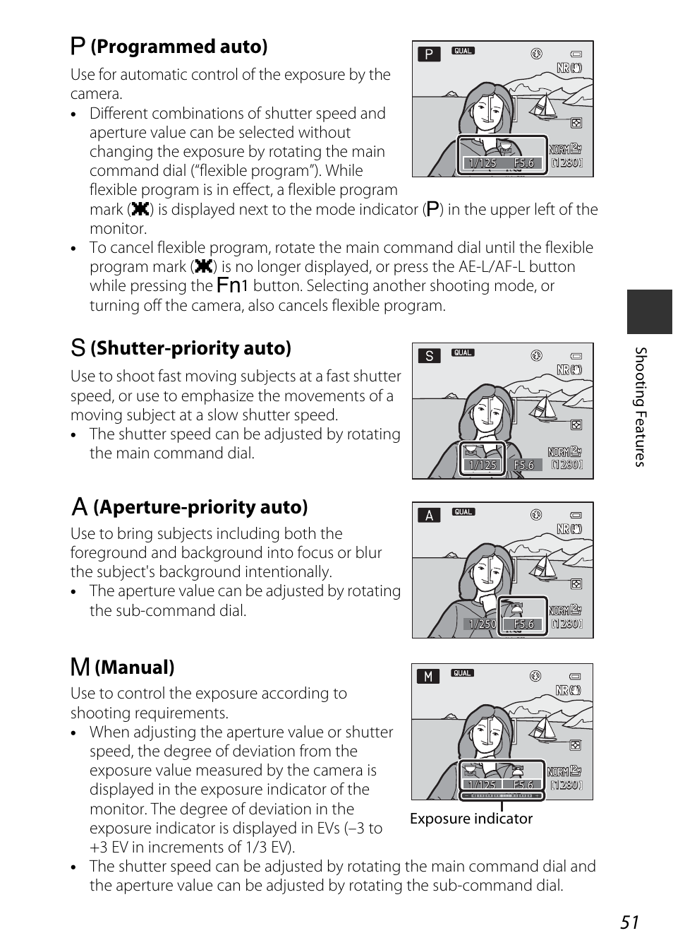 Auto, A51), A (programmed auto) | B (shutter-priority auto), C (aperture-priority auto), D (manual) | Nikon P7800 User Manual | Page 71 / 270