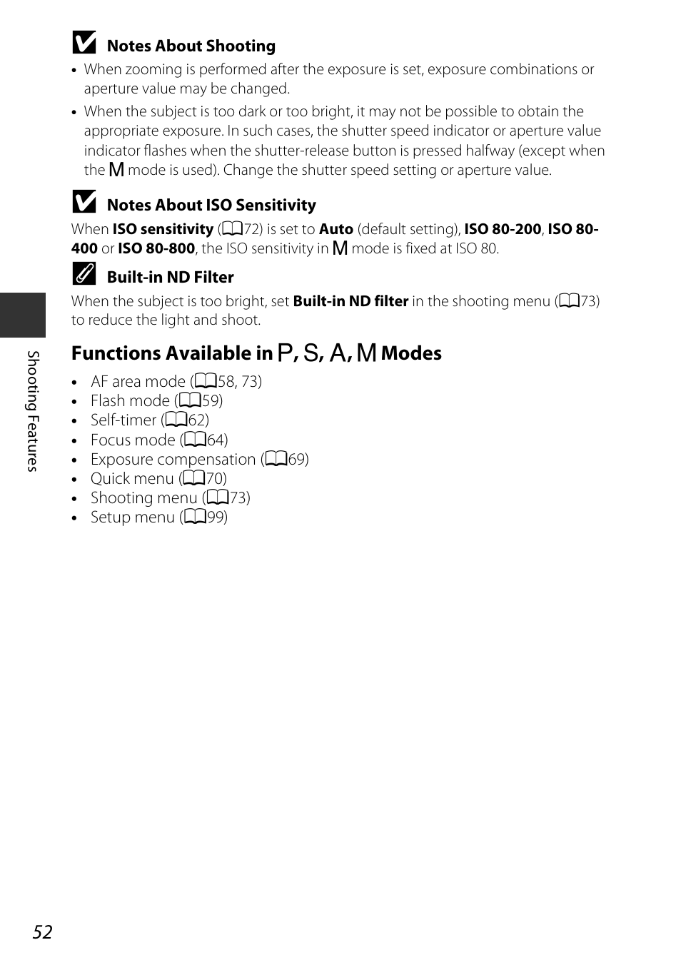 Functions available in a , b , c , d modes | Nikon P7800 User Manual | Page 72 / 270