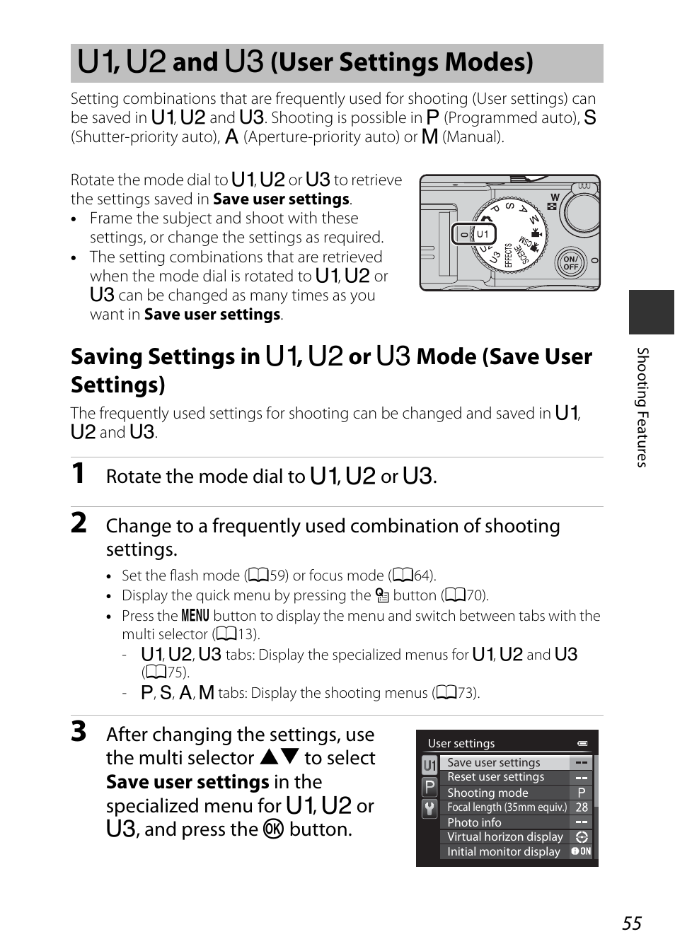 U1, u2 and u3 (user settings modes), E, f and n (user settings modes), Saving settings in | E, f or n mode (save user settings), A55), E , f and n (user settings modes), Rotate the mode dial to e, f or n | Nikon P7800 User Manual | Page 75 / 270