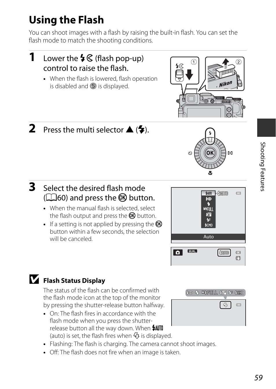 Using the flash, Flash mode, A59) | A59) or | Nikon P7800 User Manual | Page 79 / 270