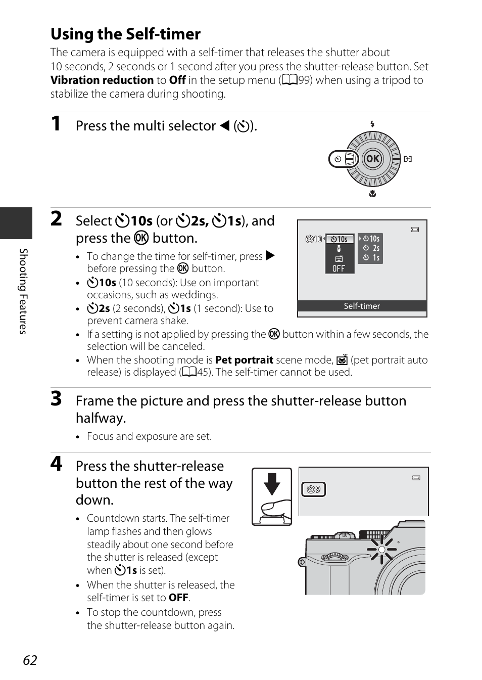 Using the self-timer, A62), Press the multi selector | Nikon P7800 User Manual | Page 82 / 270