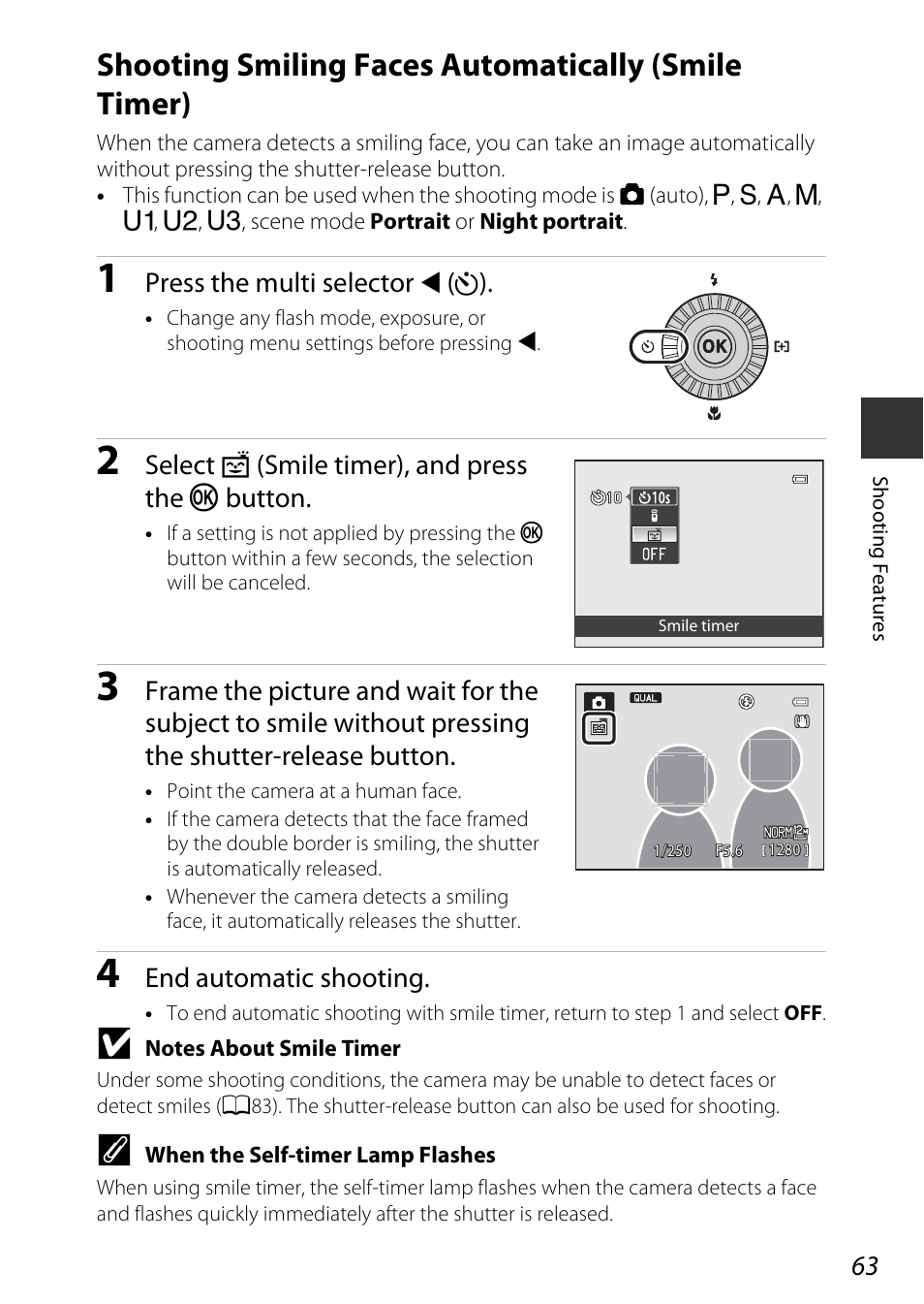 Shooting smiling faces automatically (smile timer), A63), Press the multi selector | Select a (smile timer), and press the k button, End automatic shooting | Nikon P7800 User Manual | Page 83 / 270