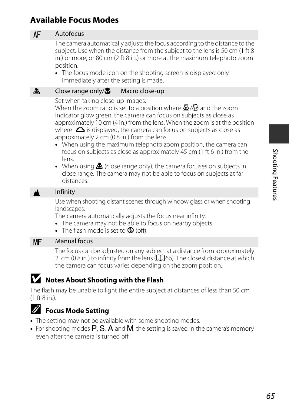 Available focus modes | Nikon P7800 User Manual | Page 85 / 270