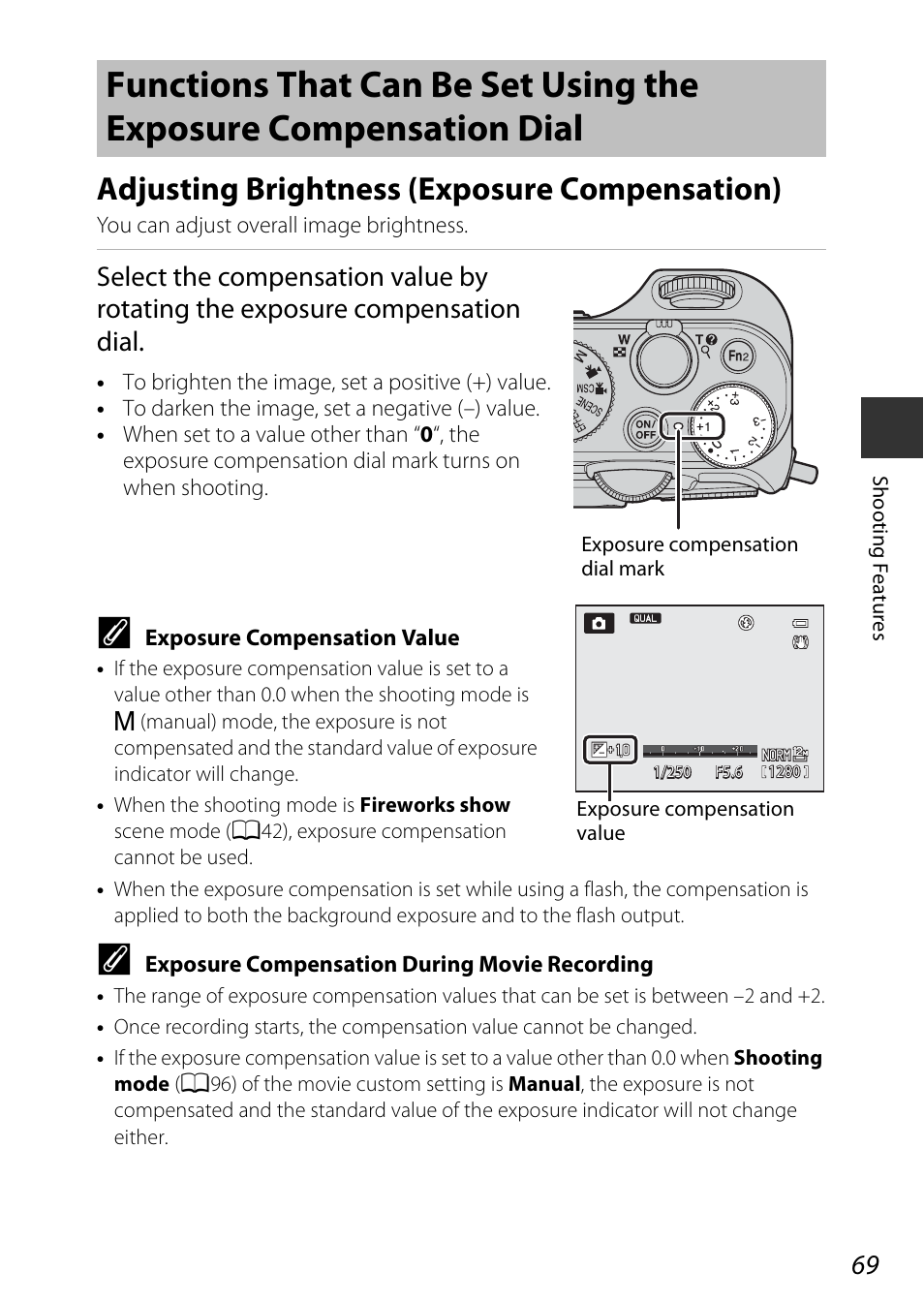 Adjusting brightness (exposure compensation), A69) | Nikon P7800 User Manual | Page 89 / 270