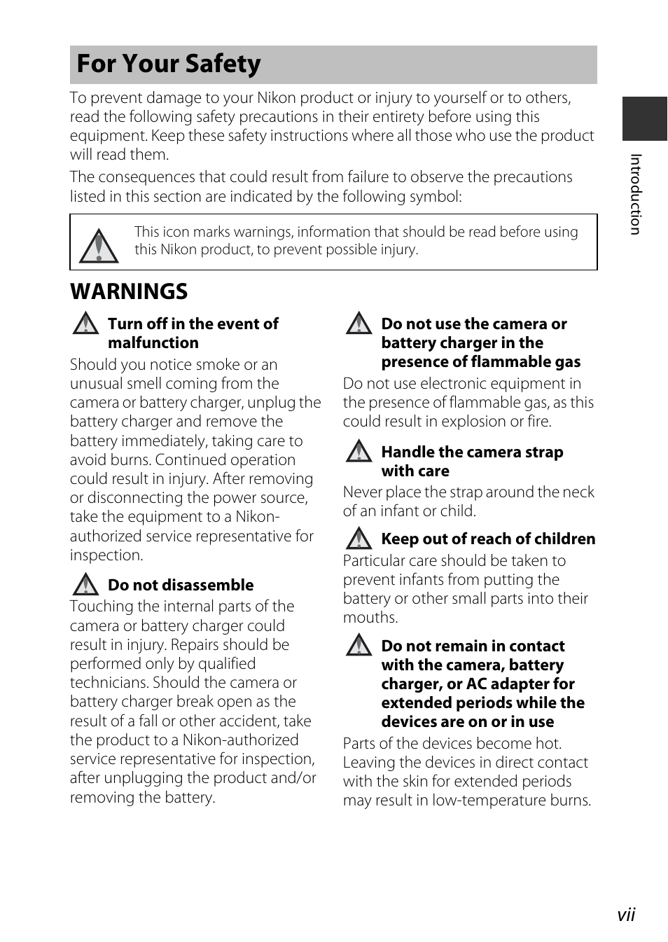 For your safety, Warnings, Avii | Nikon P7800 User Manual | Page 9 / 270