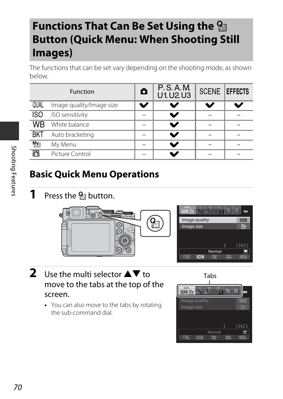 Basic quick menu operations, Functions that can be set using the, N button | Quick menu: when shooting still images), A70), A70) or shooting, Press the n button | Nikon P7800 User Manual | Page 90 / 270