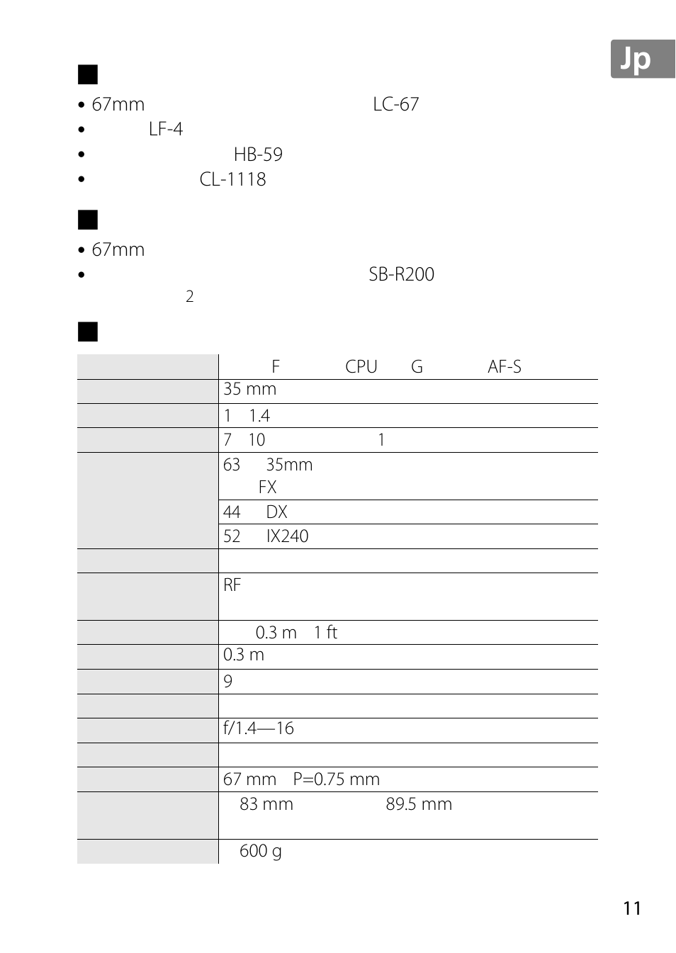 付属アクセサリー, 使用できるアクセサリー, Jp en de fr es sv ru nl it cz sk ro ua ck ch kr | 67mm, Lc-67, Lf-4, Hb-59, Cl-1118, Sb-r200 | Nikon AF 35mm f-1.4G User Manual | Page 11 / 140