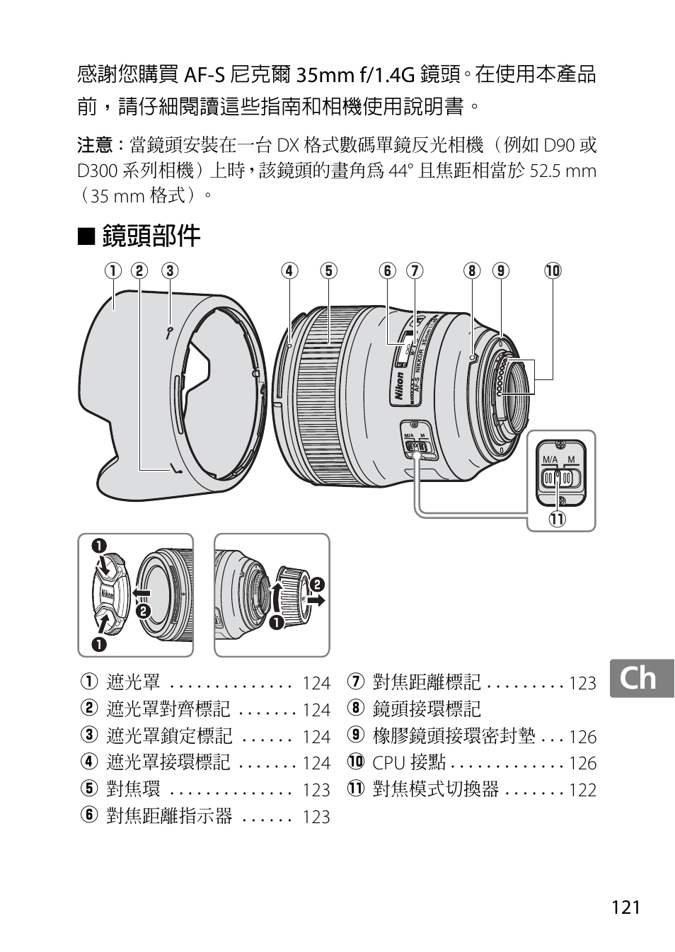 鏡頭部件, Jp en de fr es sv ru nl it cz sk ro ua ck ch kr, Af-s | 35mm f/1.4g | Nikon AF 35mm f-1.4G User Manual | Page 121 / 140
