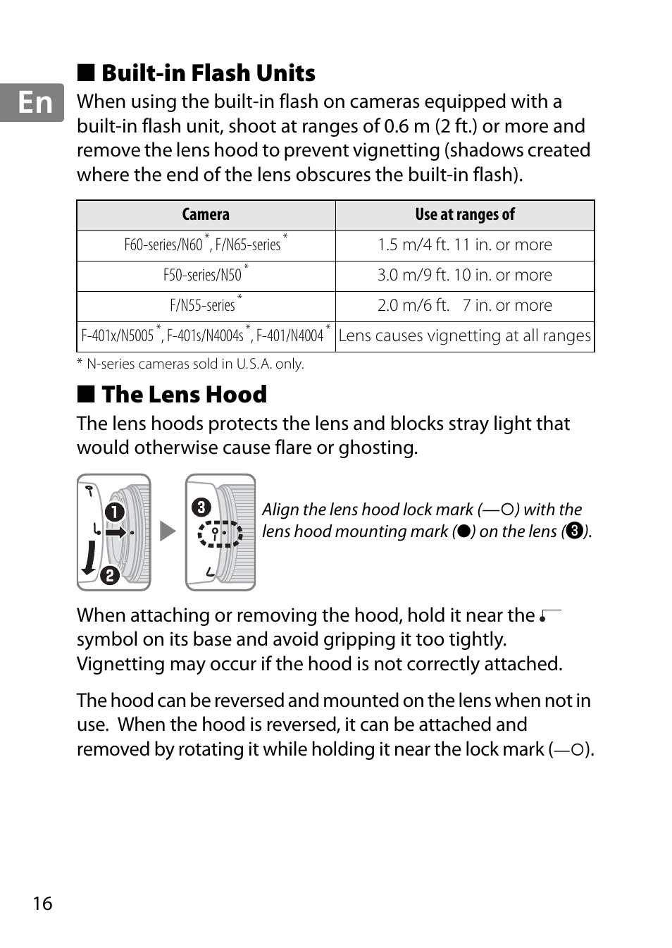 Built-in flash units, The lens hood, Jp en de fr es sv ru nl it cz sk ro ua ck ch kr | Nikon AF 35mm f-1.4G User Manual | Page 16 / 140