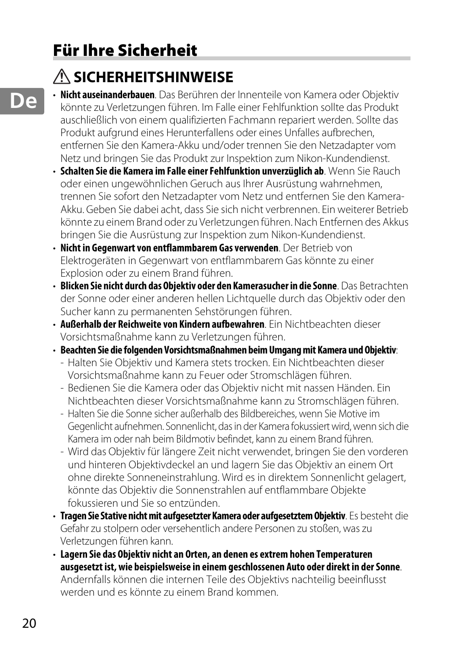 Für ihre sicherheit, Sicherheitshinweise, Jp en de fr es sv ru nl it cz sk ro ua ck ch kr | Nikon AF 35mm f-1.4G User Manual | Page 20 / 140