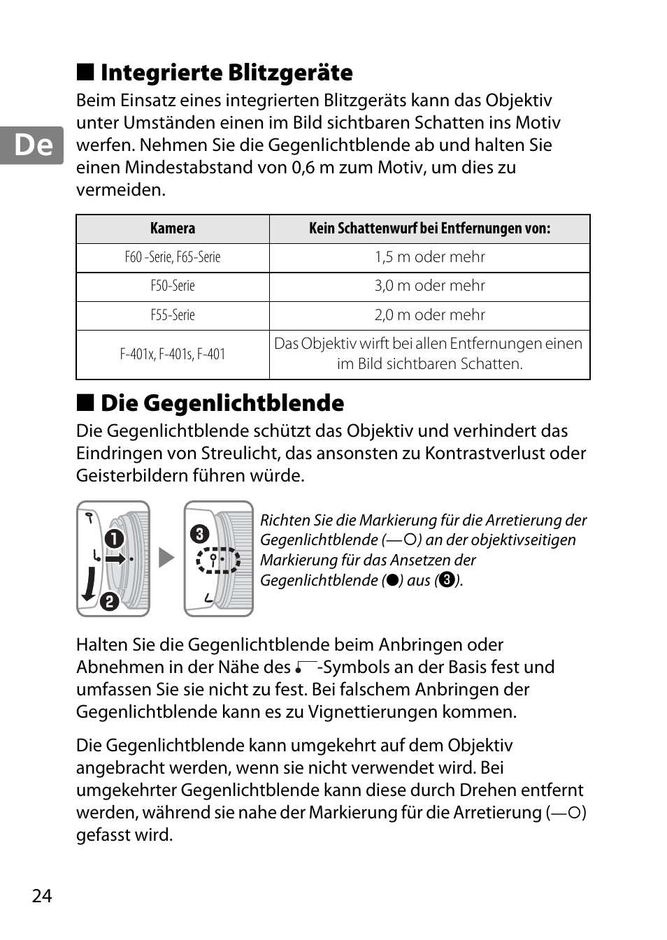 Integrierte blitzgeräte, Die gegenlichtblende, Jp en de fr es sv ru nl it cz sk ro ua ck ch kr | Nikon AF 35mm f-1.4G User Manual | Page 24 / 140