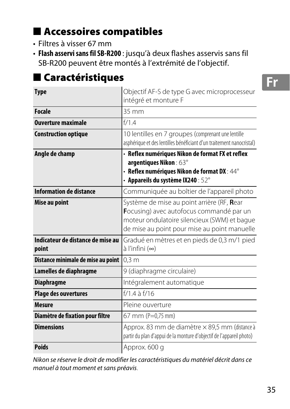Accessoires compatibles, Caractéristiques, Jp en de fr es sv ru nl it cz sk ro ua ck ch kr | Nikon AF 35mm f-1.4G User Manual | Page 35 / 140