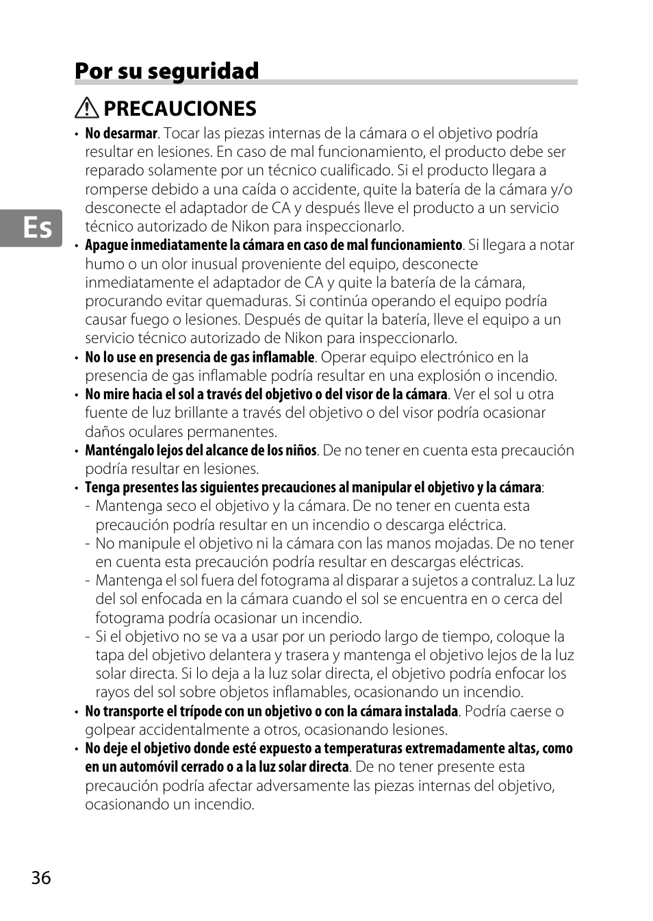 Por su seguridad, Precauciones, Jp en de fr es sv ru nl it cz sk ro ua ck ch kr | Nikon AF 35mm f-1.4G User Manual | Page 36 / 140