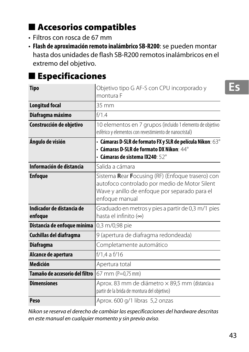 Accesorios compatibles, Especificaciones, Jp en de fr es sv ru nl it cz sk ro ua ck ch kr | Nikon AF 35mm f-1.4G User Manual | Page 43 / 140
