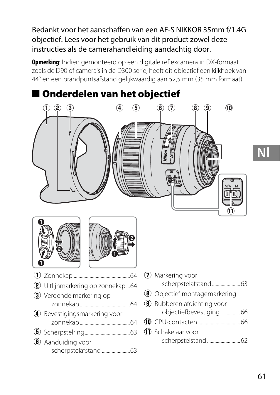 Onderdelen van het objectief, Jp en de fr es sv ru nl it cz sk ro ua ck ch kr | Nikon AF 35mm f-1.4G User Manual | Page 61 / 140