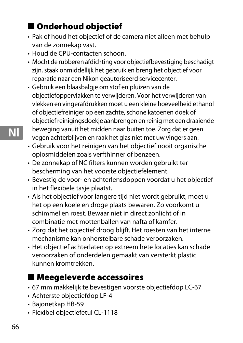 Onderhoud objectief, Meegeleverde accessoires, Jp en de fr es sv ru nl it cz sk ro ua ck ch kr | Nikon AF 35mm f-1.4G User Manual | Page 66 / 140