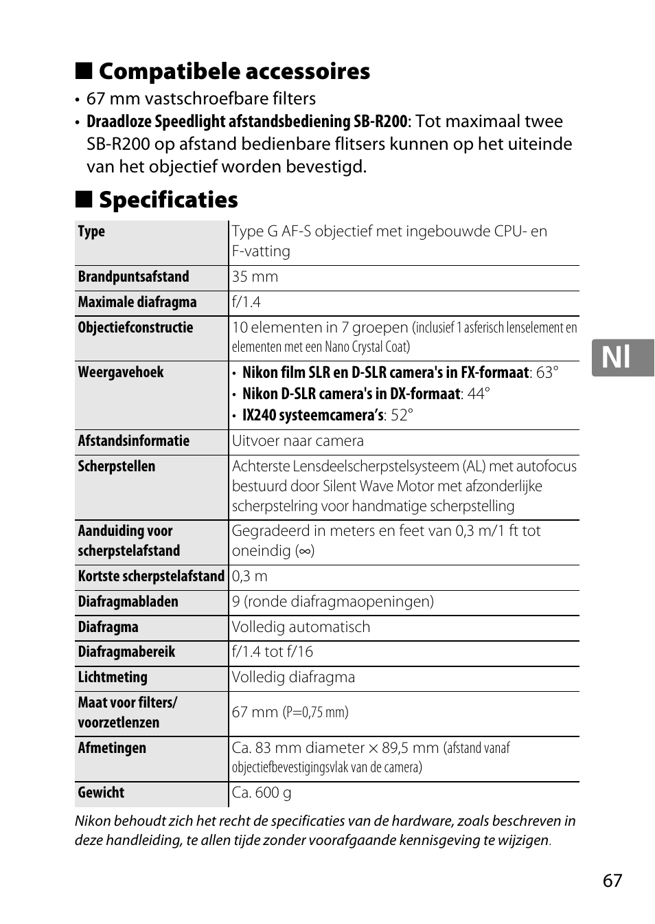 Compatibele accessoires, Specificaties, Jp en de fr es sv ru nl it cz sk ro ua ck ch kr | Nikon AF 35mm f-1.4G User Manual | Page 67 / 140