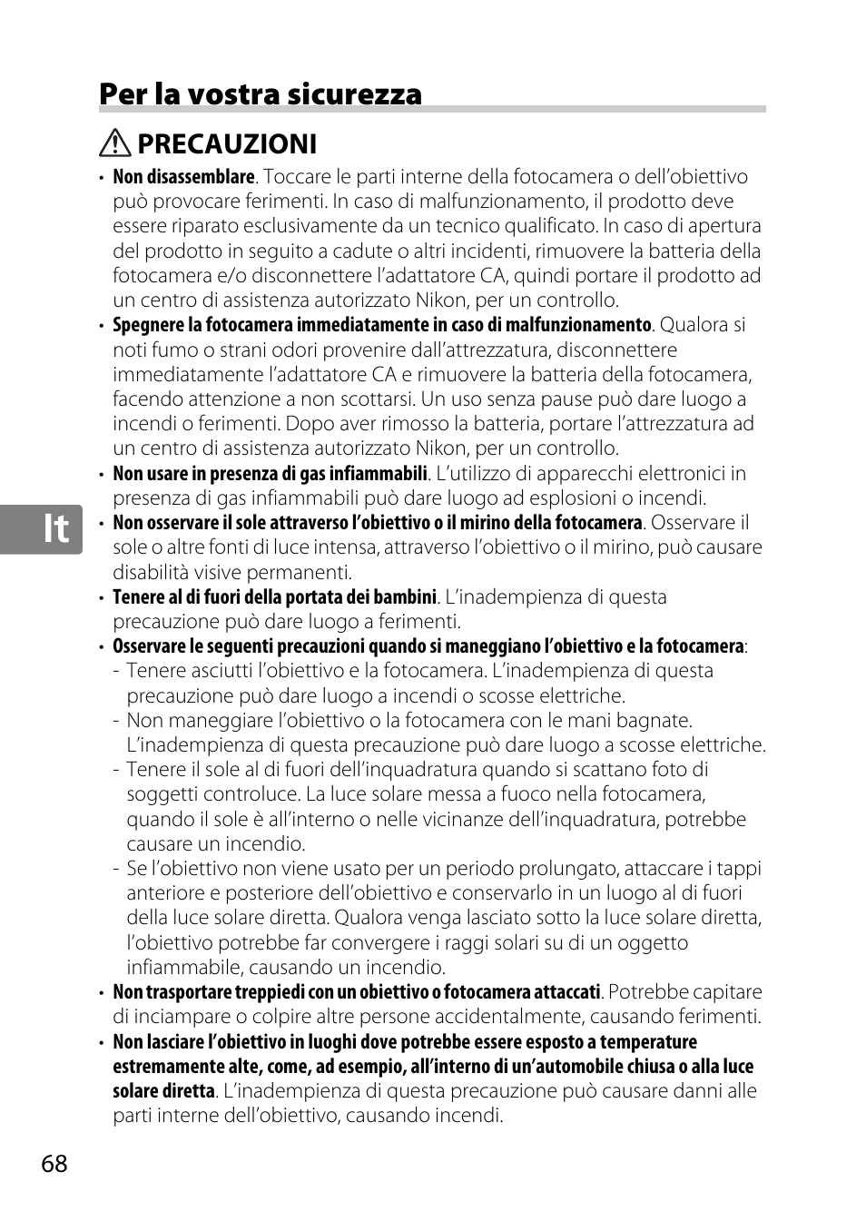 Per la vostra sicurezza, Precauzioni, Jp en de fr es sv ru nl it cz sk ro ua ck ch kr | Nikon AF 35mm f-1.4G User Manual | Page 68 / 140