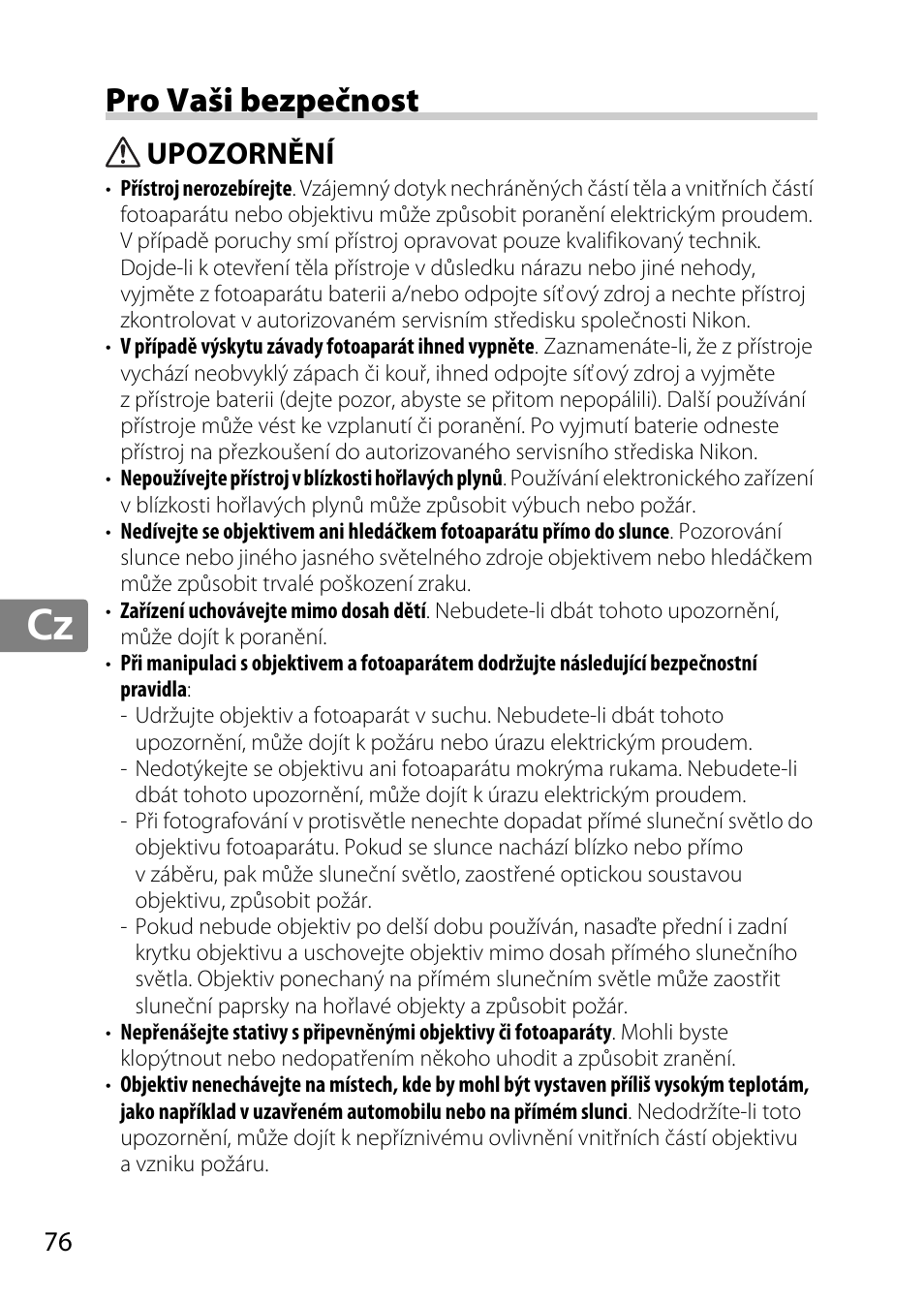 Pro vaši bezpečnost, Upozornění, Jp en de fr es sv ru nl it cz sk ro ua ck ch kr | Nikon AF 35mm f-1.4G User Manual | Page 76 / 140
