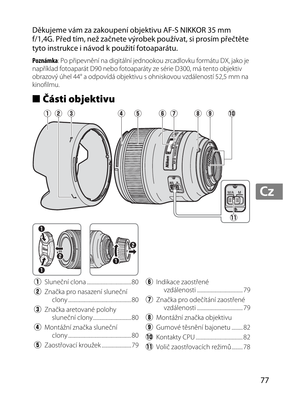 Části objektivu, Jp en de fr es sv ru nl it cz sk ro ua ck ch kr | Nikon AF 35mm f-1.4G User Manual | Page 77 / 140