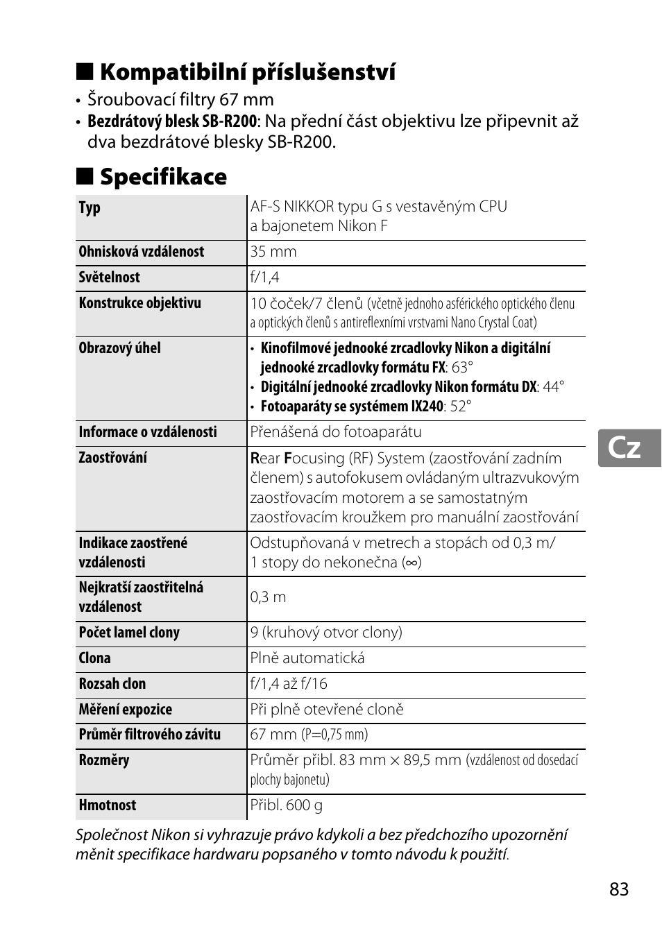 Kompatibilní příslušenství, Specifikace, Jp en de fr es sv ru nl it cz sk ro ua ck ch kr | Nikon AF 35mm f-1.4G User Manual | Page 83 / 140