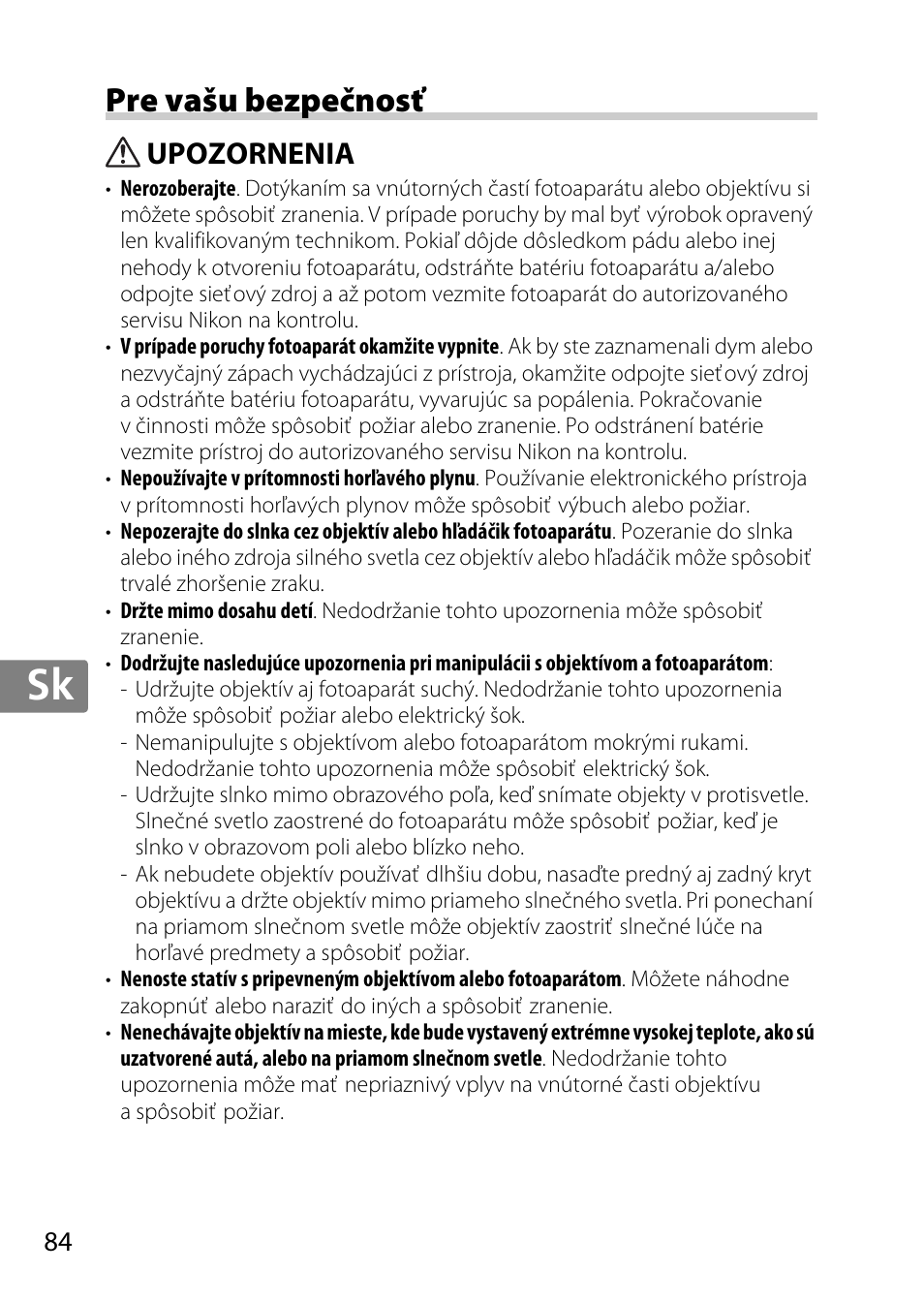 Pre vašu bezpečnosť, Upozornenia, Jp en de fr es sv ru nl it cz sk ro ua ck ch kr | Nikon AF 35mm f-1.4G User Manual | Page 84 / 140