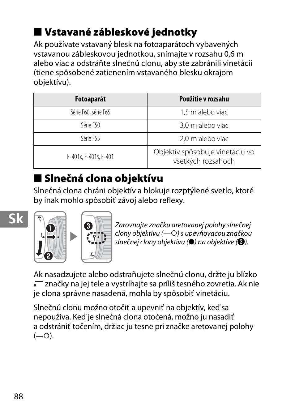 Vstavané zábleskové jednotky, Slnečná clona objektívu, Jp en de fr es sv ru nl it cz sk ro ua ck ch kr | Nikon AF 35mm f-1.4G User Manual | Page 88 / 140