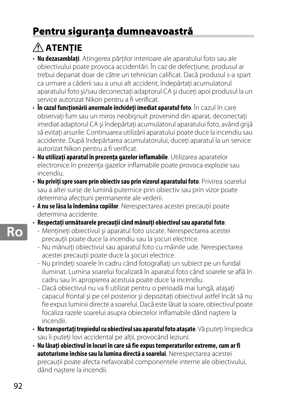 Pentru siguranţa dumneavoastră, Atenţie, Jp en de fr es sv ru nl it cz sk ro ua ck ch kr | Nikon AF 35mm f-1.4G User Manual | Page 92 / 140