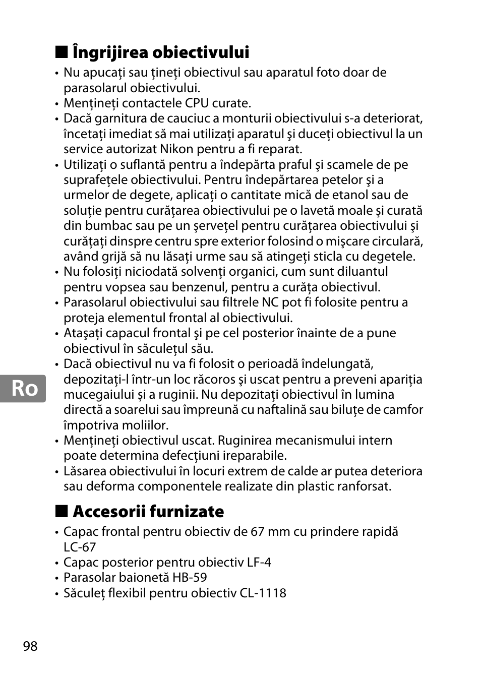 Îngrijirea obiectivului, Accesorii furnizate, Jp en de fr es sv ru nl it cz sk ro ua ck ch kr | Nikon AF 35mm f-1.4G User Manual | Page 98 / 140