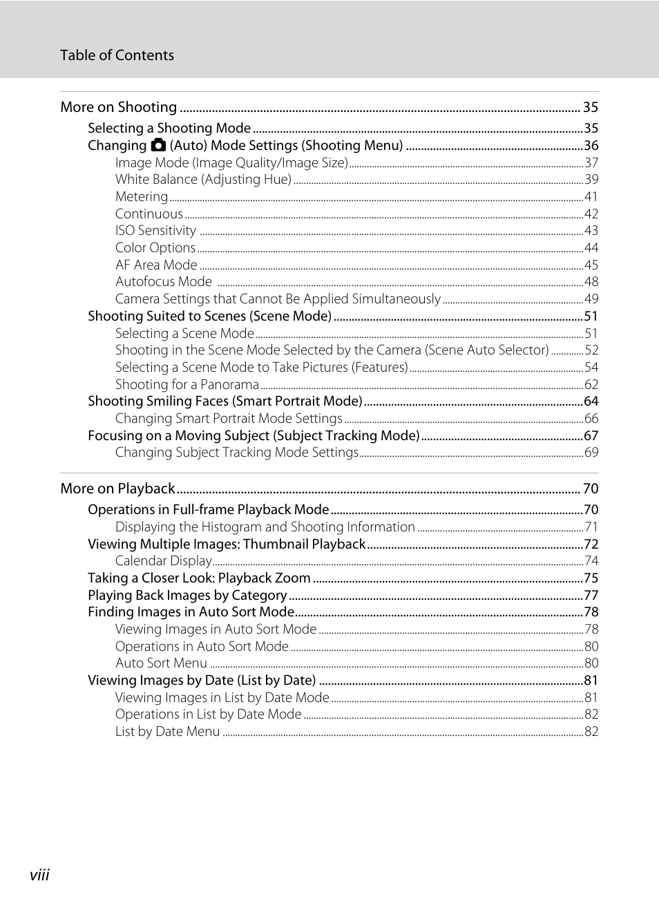 Viii | Nikon S5100 User Manual | Page 10 / 180