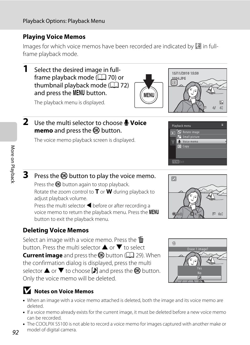 92, or 106), A 92) is deleted, Of “playing voice memos | A 92) to | Nikon S5100 User Manual | Page 104 / 180