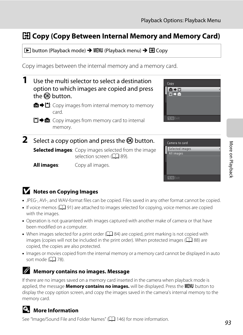 A 93), A 93, Select a copy option and press the k button | Nikon S5100 User Manual | Page 105 / 180