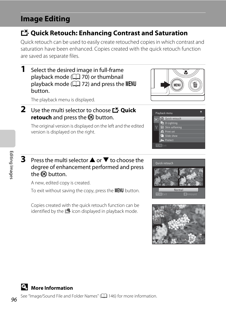 Image editing, Quick retouch: enhancing contrast and saturation, K quick retouch: enhancing contrast and saturation | A 96, A 96), Kquick retouch: enhancing contrast and saturation | Nikon S5100 User Manual | Page 108 / 180