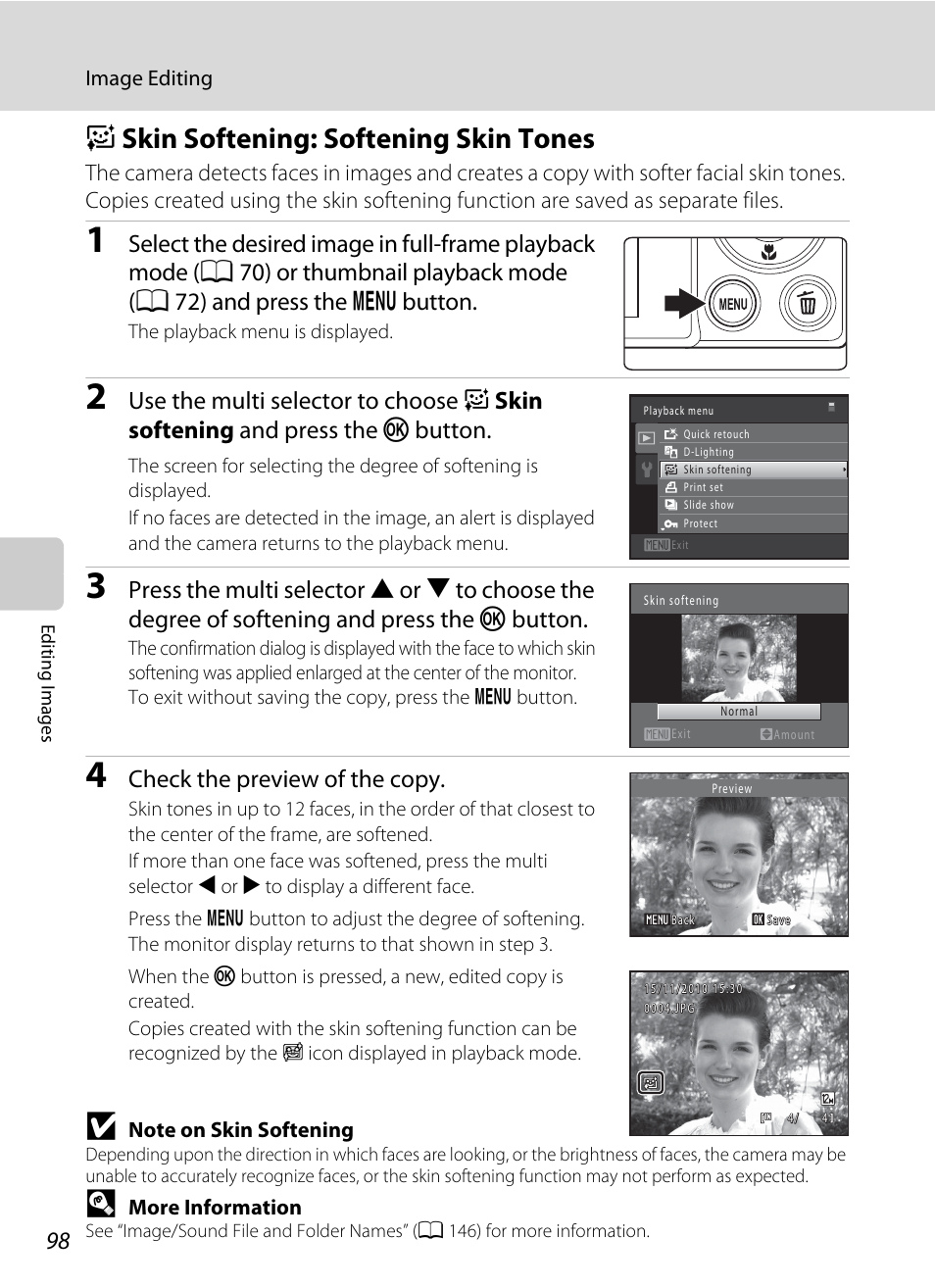 Skin softening: softening skin tones, E skin softening: softening skin tones, A 98) | A 98, Nction, Eskin softening: softening skin tones, Check the preview of the copy | Nikon S5100 User Manual | Page 110 / 180