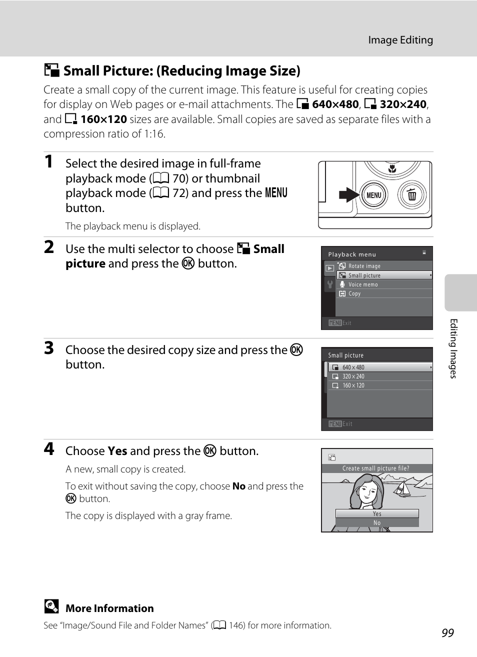 Small picture: (reducing image size), G small picture: (reducing image size), A 99 | A 99), Gsmall picture: (reducing image size), Choose yes and press the k button | Nikon S5100 User Manual | Page 111 / 180