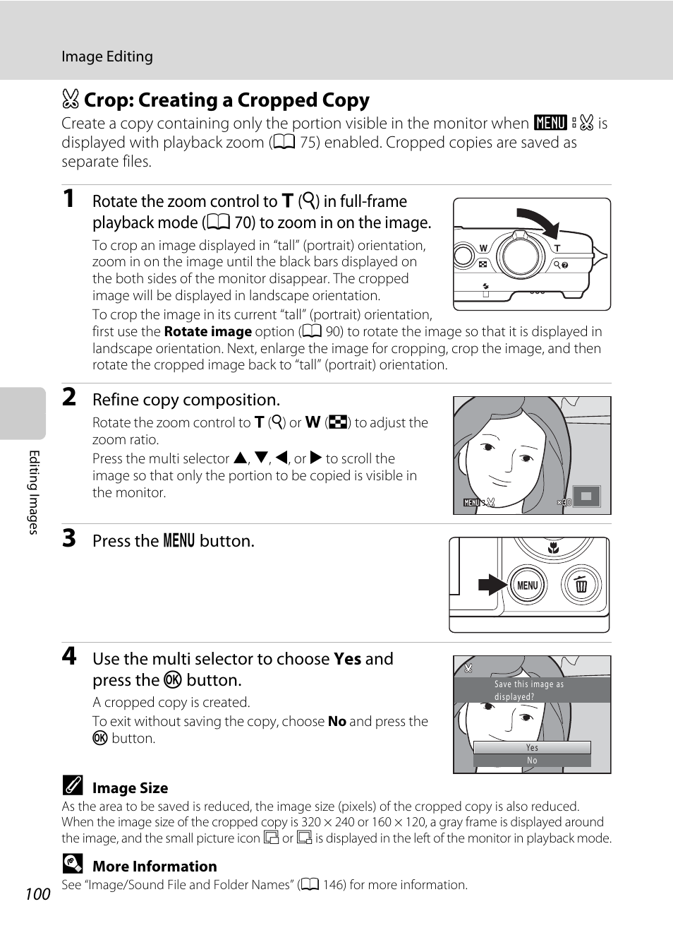 Crop: creating a cropped copy, A crop: creating a cropped copy, A 100) | Acrop: creating a cropped copy | Nikon S5100 User Manual | Page 112 / 180