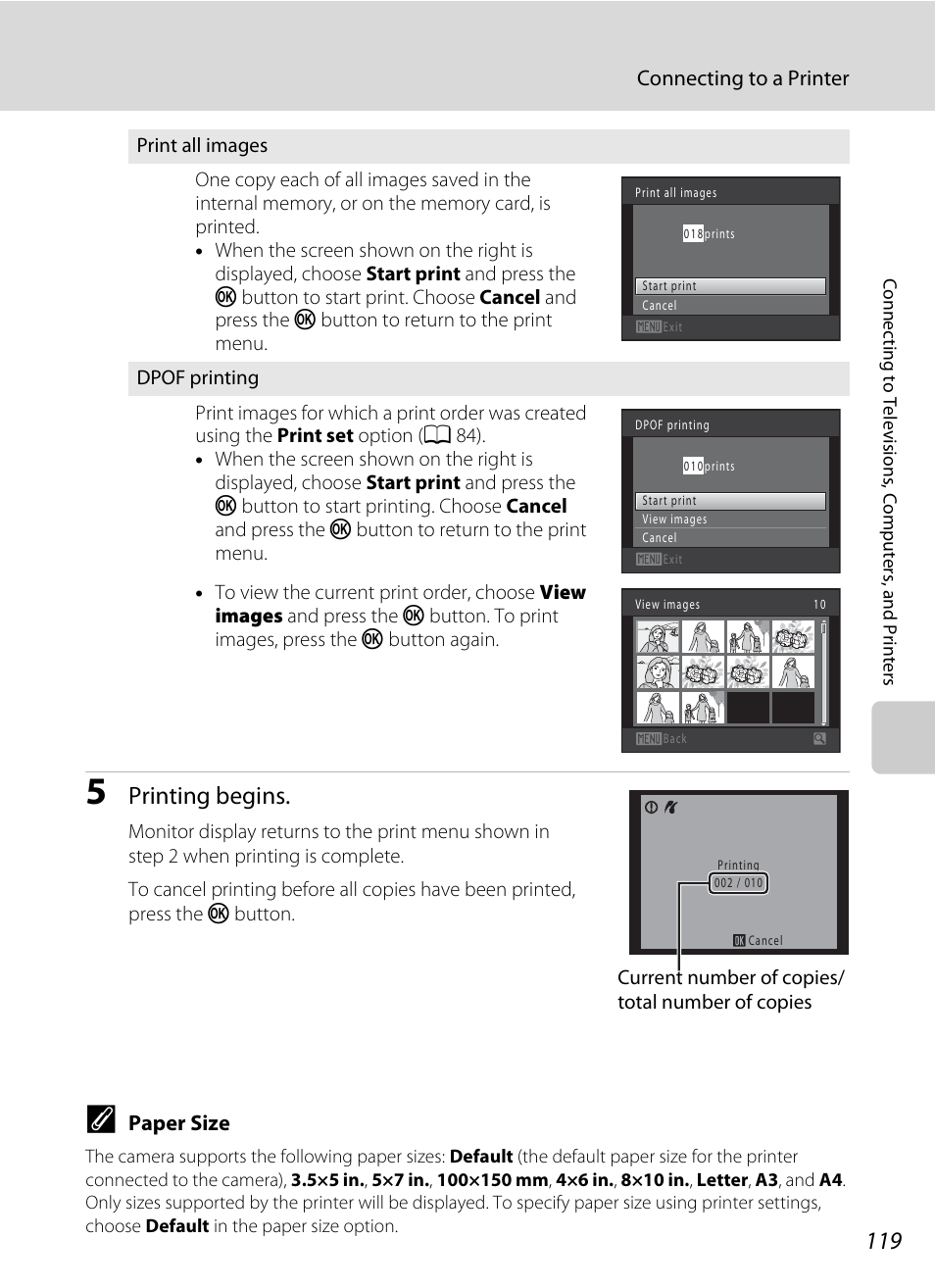 A 119), Printing begins | Nikon S5100 User Manual | Page 131 / 180