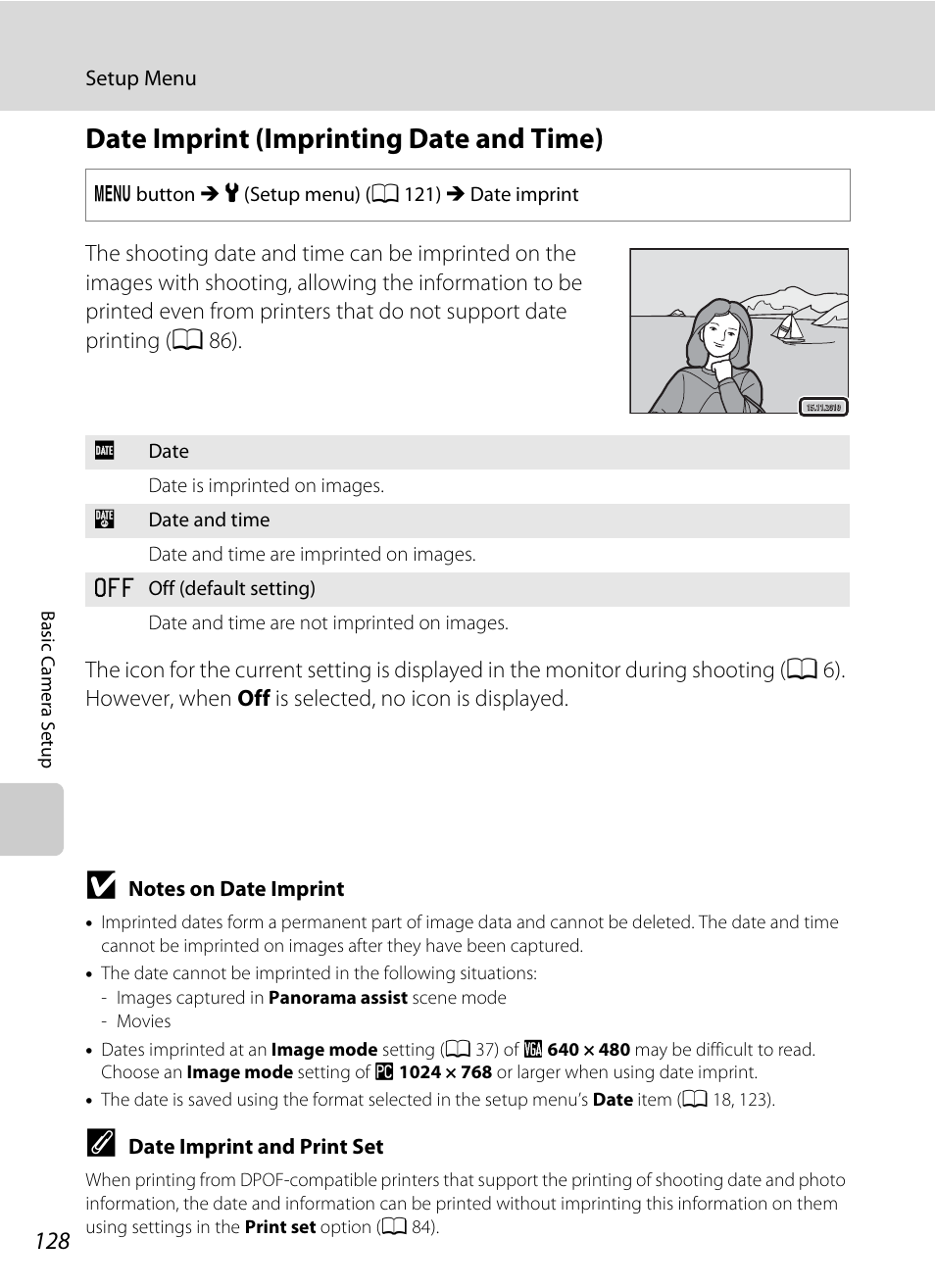 Date imprint (imprinting date and time), A 128) i, A 128 | Nikon S5100 User Manual | Page 140 / 180