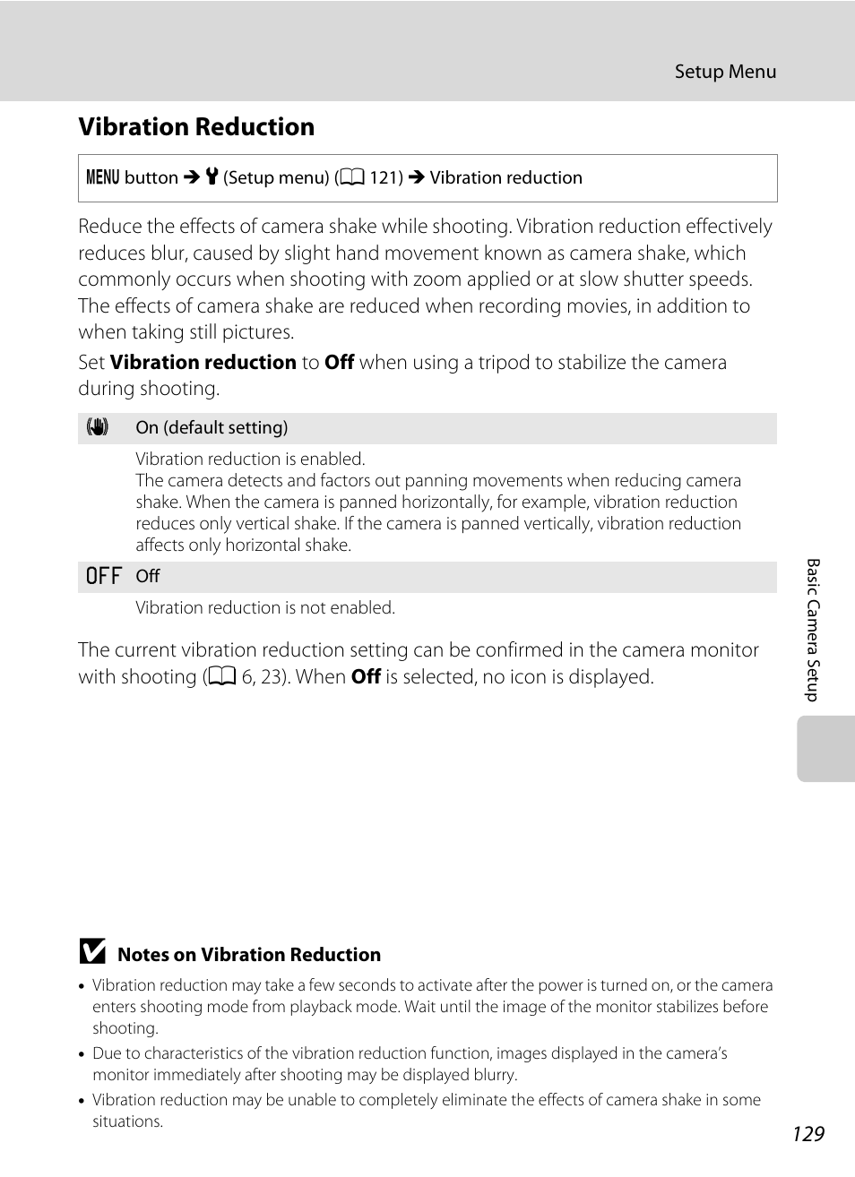 Vibration reduction, A 129, A 129) to | A 129) is set to, A 129) i, A 129) is ena, A 129) t | Nikon S5100 User Manual | Page 141 / 180