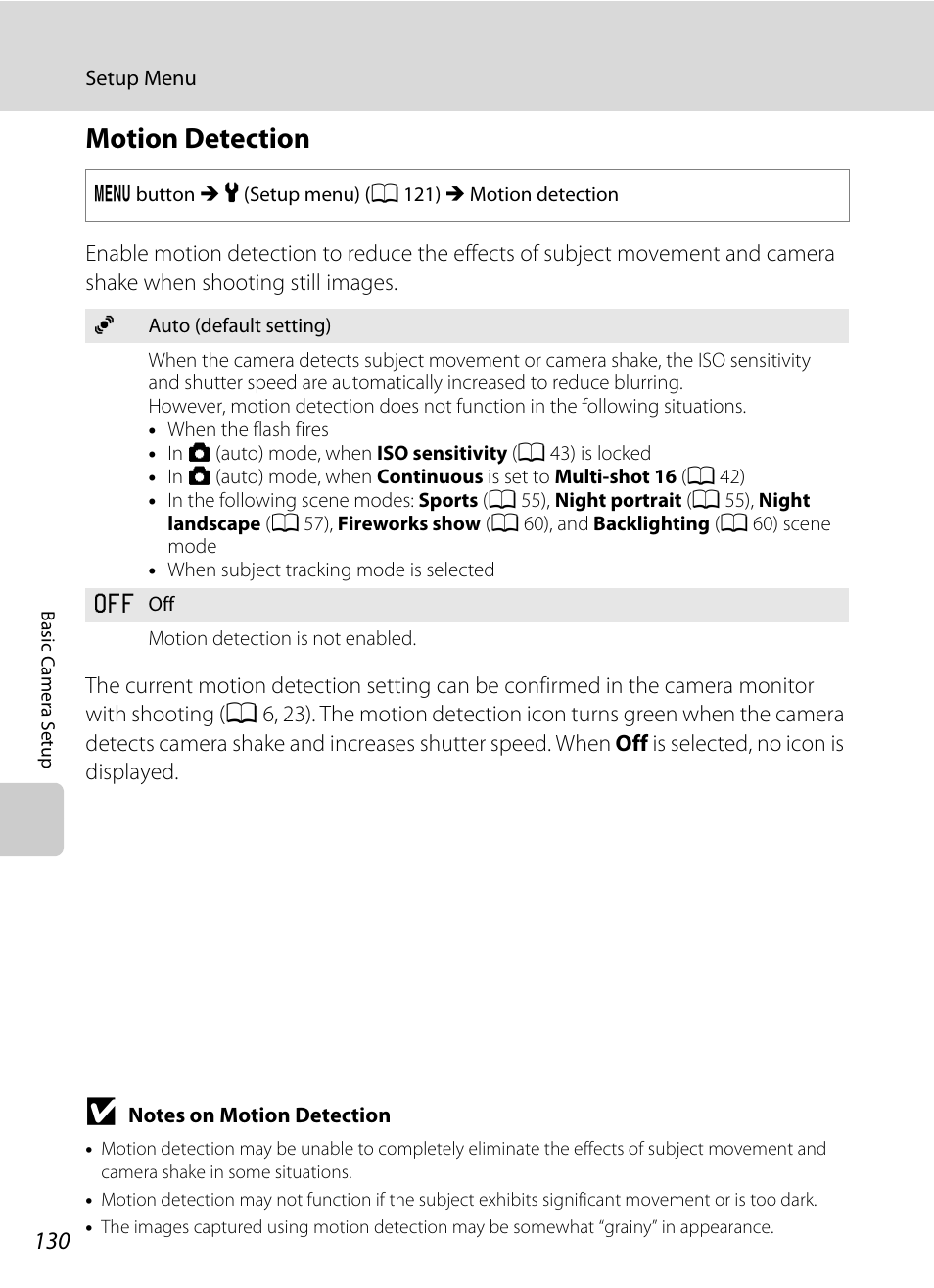 Motion detection, A 130) in, A 130) doe | A 130 | Nikon S5100 User Manual | Page 142 / 180